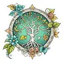 A stylized tree of life incorporating elements of the four seasons tattoo design idea