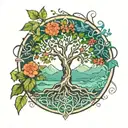 A stylized tree of life incorporating elements of the four seasons tattoo design idea