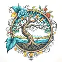 A stylized tree of life incorporating elements of the four seasons tattoo design idea