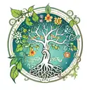 A stylized tree of life incorporating elements of the four seasons tattoo design idea