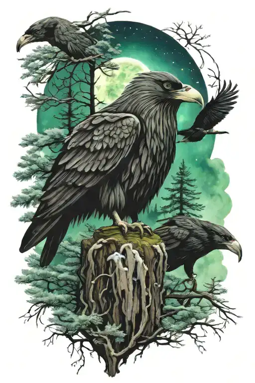 Odin with ravens and pine trees with northern lights tattoo design idea