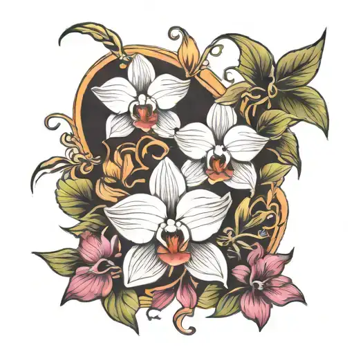 orchid, lotus and anthuriam flower vine tattoo design idea