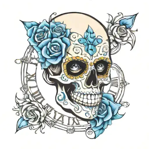 sugar skull with clocks as eyes. the numbers are roman. on his forehead he has a blue diamond tattoo design idea