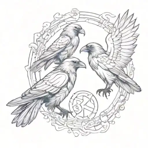 Odins Ravens huginn and muninn, surrounded by smoke which forms their names in old futhark letters tattoo design idea