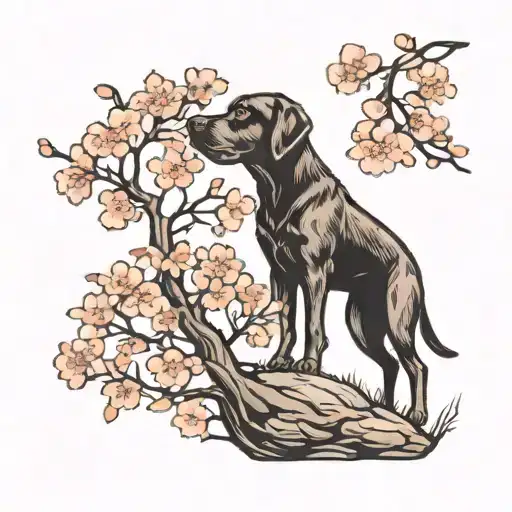 black lab silhouette under cherry blossom tree tattoo design idea