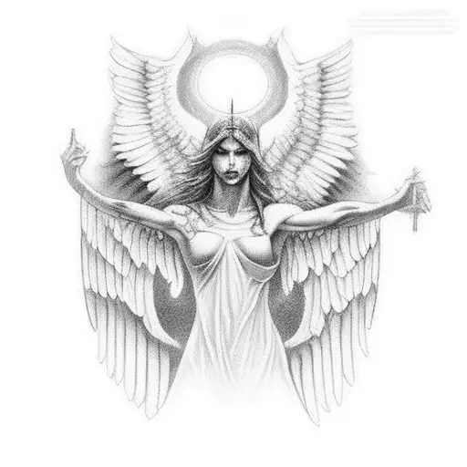 the gates of heaven in the background while the ark angel is killing the demon tattoo design idea