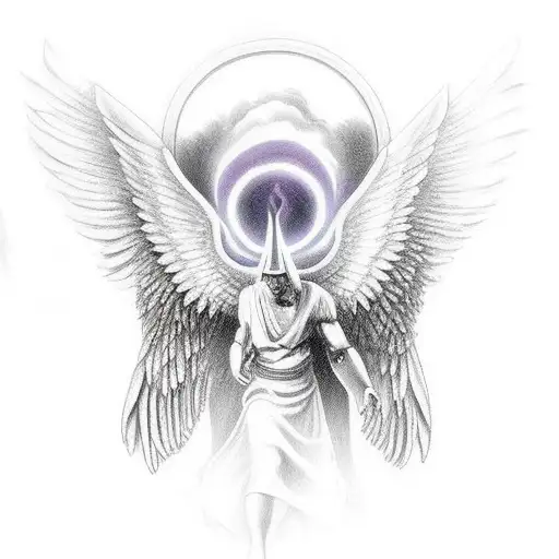 the gates of heaven in the background while the ark angel is killing the demon tattoo design idea