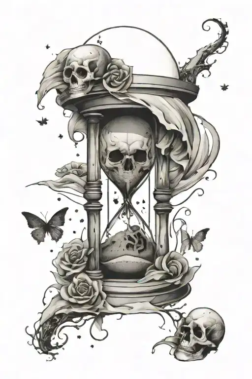 hourglass with snad and skull on top of the sand and with broken bottom half with stars coming down instead of sand tattoo design idea
