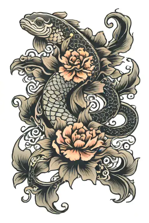 neo traditional japenese featuring koi fish, flowers, water, and an octopus tattoo design idea