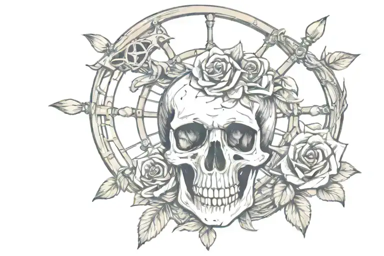skull rose and ship wheel tattoo design idea