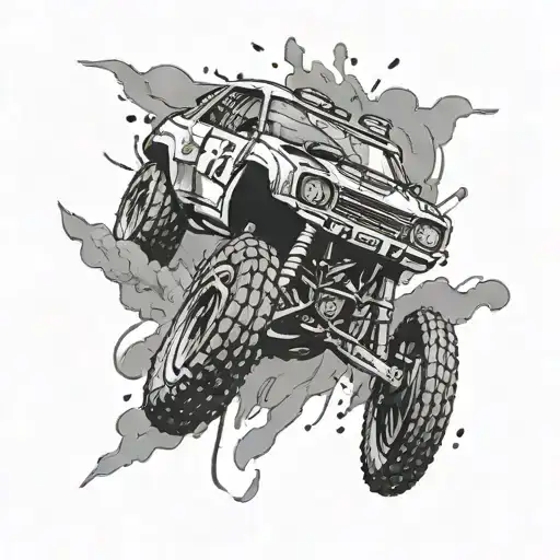 Create a rally inspired tattoo without any names or faces. It has to include a well-known rally car jumping tattoo design idea