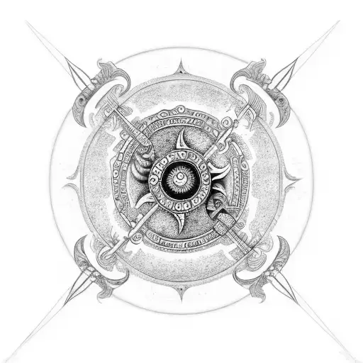 yin and Yang with Poseidon trident and Horus eye in the shape of an Romanian pauldron as a sleeve  tattoo design idea