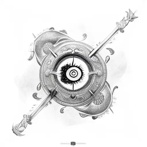 yin and Yang with Poseidon trident and Horus eye in the shape of an Romanian pauldron as a sleeve  tattoo design idea