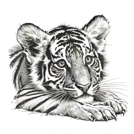 tiger cub laying on belly with head up and chest showing with a paw swiping upwards tattoo design idea