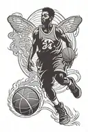 basketball theme, "chosen 1" at top, hand holding a ball at the middle, silhouette of a kid holding a ball at the bottom tattoo design idea