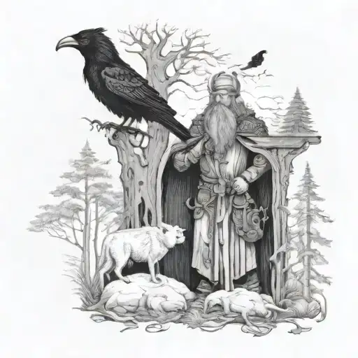 A mythical scene of a Viking shaman communing with the spirits of a crow, bear, and wolf in a mystical forest tattoo design idea