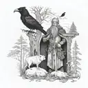 A mythical scene of a Viking shaman communing with the spirits of a crow, bear, and wolf in a mystical forest tattoo design idea