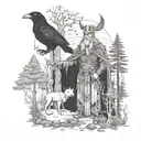 A mythical scene of a Viking shaman communing with the spirits of a crow, bear, and wolf in a mystical forest tattoo design idea