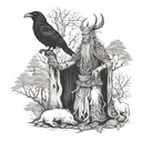 A mythical scene of a Viking shaman communing with the spirits of a crow, bear, and wolf in a mystical forest tattoo design idea