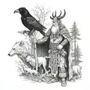 A mythical scene of a Viking shaman communing with the spirits of a crow, bear, and wolf in a mystical forest tattoo design idea