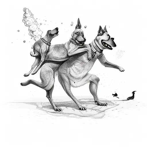 Volcano and two dogs dancing on top tattoo design idea