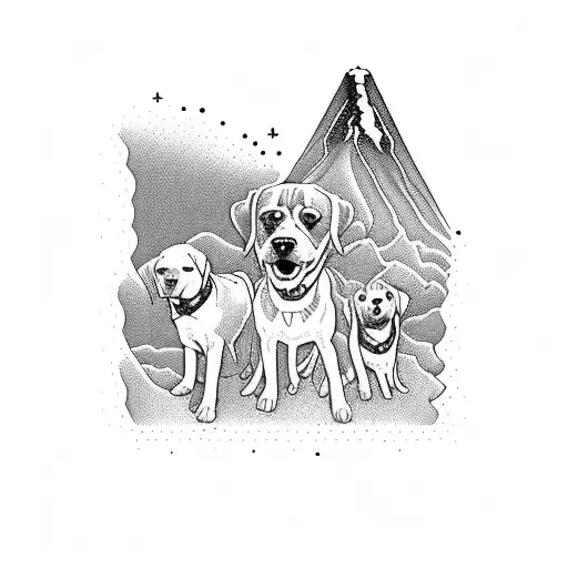 Volcano with the numbers 312 and two dogs dancing on top tattoo design idea