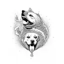 Volcano with the numbers 312 and two dogs dancing on top tattoo design idea