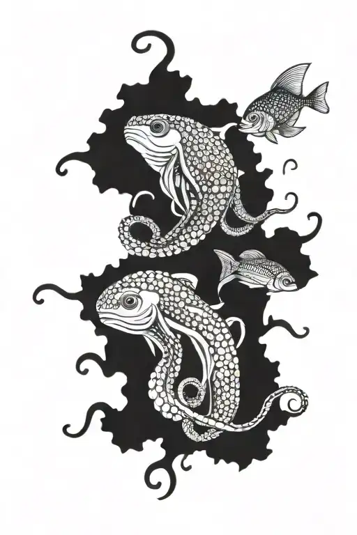 octopus and pike with kale an small fish swarm tattoo design idea