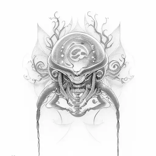 Design a tattoo featuring an avatar transforming into a marine organism in a dotwork style tattoo design idea