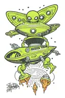 The tattoo depicts an alien abduction scene in a vibrant new school style. A unique spaceship, a fusion of a classic fly tattoo design idea