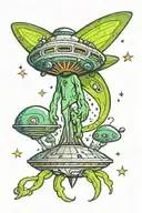 The tattoo depicts an alien abduction scene in a vibrant new school style. A unique spaceship, a fusion of a classic fly tattoo design idea