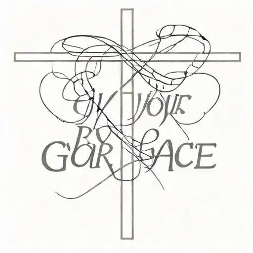 "by your grace" words with a cross intertwined tattoo design idea