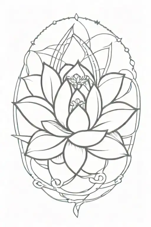 A vertical tattoo design featuring a lotus, a sun, the astrological signs of Aries, Aquarius, and Libra, and two intertwined rings tattoo design idea