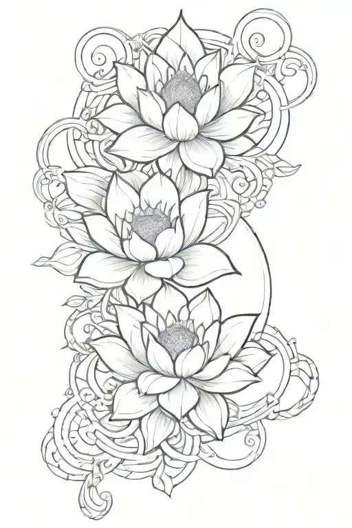 A vertical tattoo design featuring a lotus, a sun, the astrological signs of Aries, Aquarius, and Libra, and two intertwined rings tattoo design idea