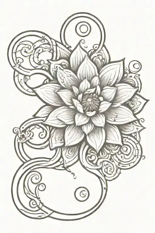 A vertical tattoo design featuring a lotus, a sun, the astrological signs of Aries, Aquarius, and Libra, and two intertwined rings tattoo design idea