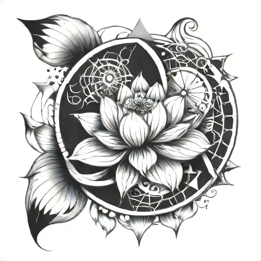 A tattoo design combining a lotus, a sun, and the zodiac signs Aries, Aquarius, and Libra in a geometric and abstract style tattoo design idea