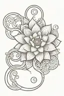 A vertical tattoo design featuring a lotus, a sun, the astrological signs of Aries, Aquarius, and Libra, and two intertwined rings tattoo design idea