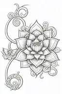 A vertical tattoo design featuring a lotus, a sun, the astrological signs of Aries, Aquarius, and Libra, and two intertwined rings tattoo design idea