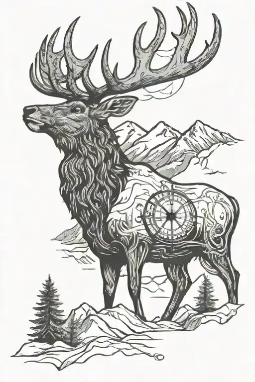 an elk with antlers with a mountain background and a compass  tattoo design idea