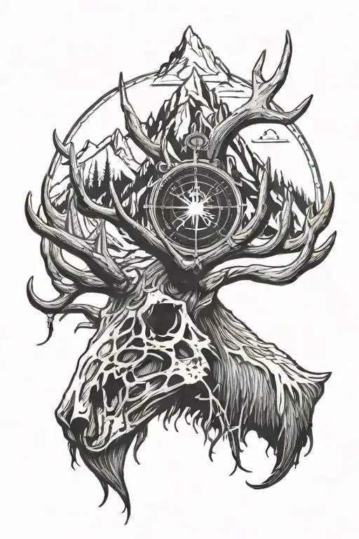 elk skull with antlers with a mountain background and a compass  tattoo design idea