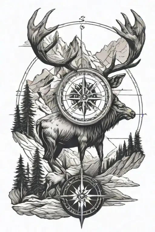 Compass pointing north to an elk with mountains background  tattoo design idea