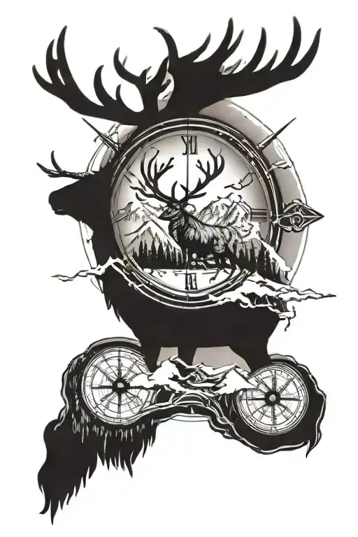 a realistic elk with antlers with a mountain background and a compass  tattoo design idea