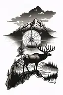 a realistic elk with antlers with a mountain background and a compass  tattoo design idea