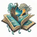 open book with a dreamscape coming out of it  tattoo design idea