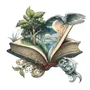 open book with a dreamscape coming out of it  tattoo design idea