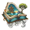 open book with a dreamscape coming out of it  tattoo design idea