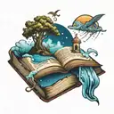open book with a dreamscape coming out of it  tattoo design idea