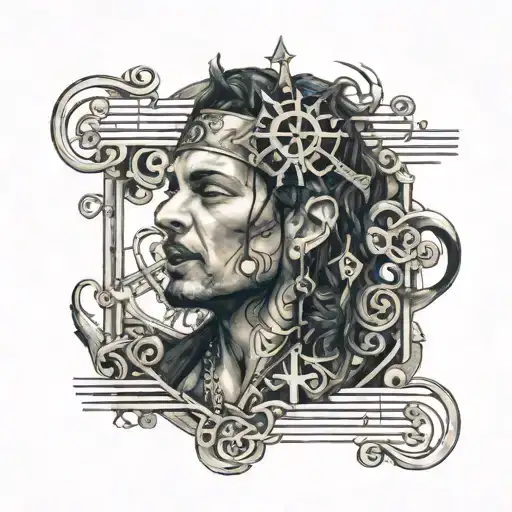A realistic portrait of Angra's lead singer surrounded by musical notes and symbols from the Temple of Shadows album tattoo design idea