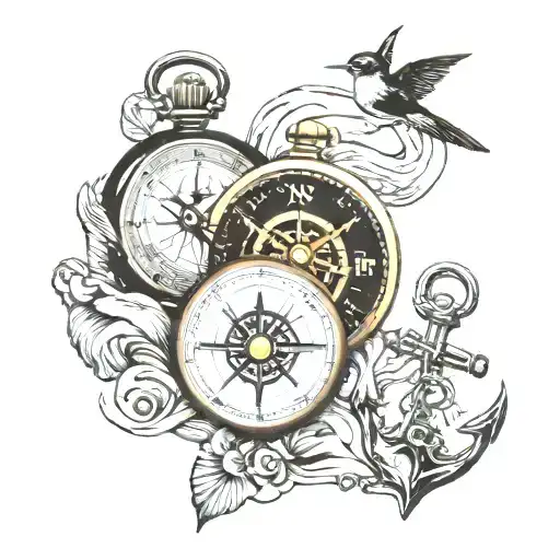 Compass pocket watch anchor swallow and mountains tattoo design idea