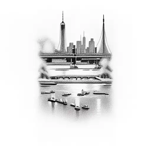 gangster with tompson gun , new york bridge in background tattoo design idea